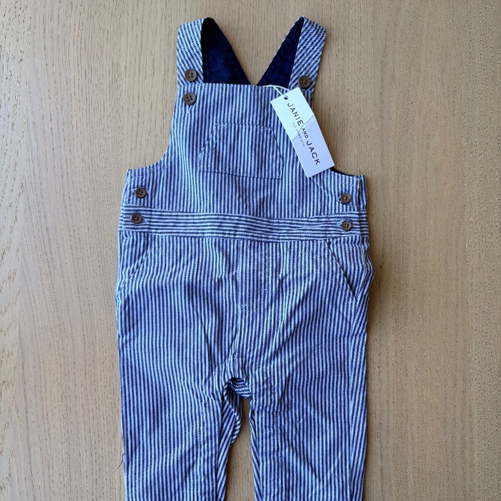 Janie and Jack- blue and white striped overalls, 3-6M